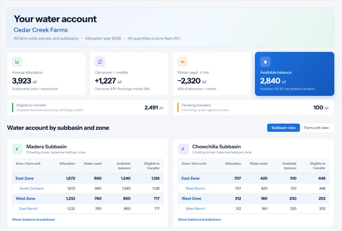 Accounting ledger screenshot — APN water account view